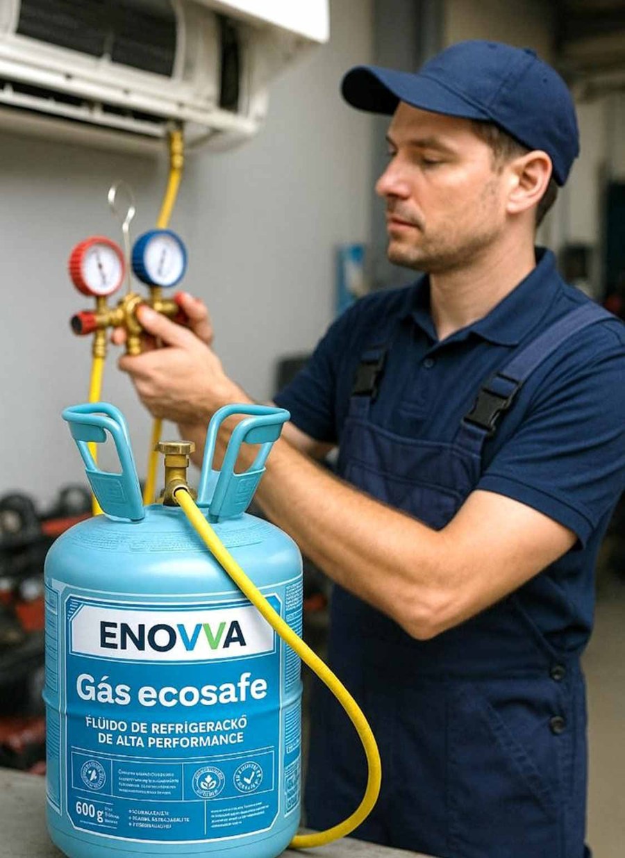 Cilindro do Gás ENOVVA EcoSAFE sendo conectado com manômetros